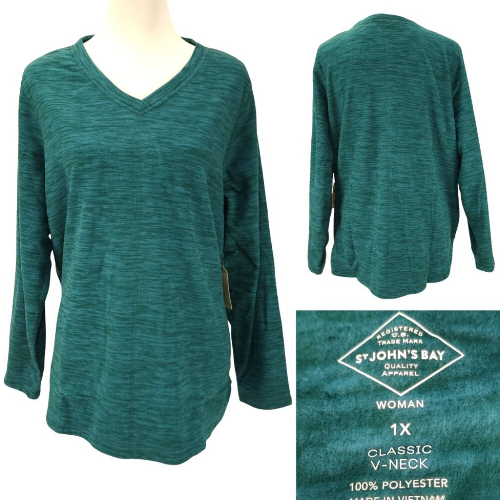 St Johns Bay Womens Plus 1X Teal Polar Fleece V-Neck Long Sleeve Sweatshirt Top